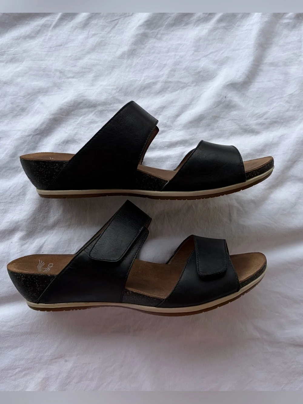 Dansko Black Leather Slide Sandals Two Velcro Straps Small Heel Sz 40 Euro Great